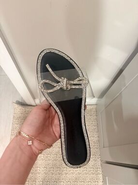 Rhinestone Bow Clear Strap Slide Sandals - Black